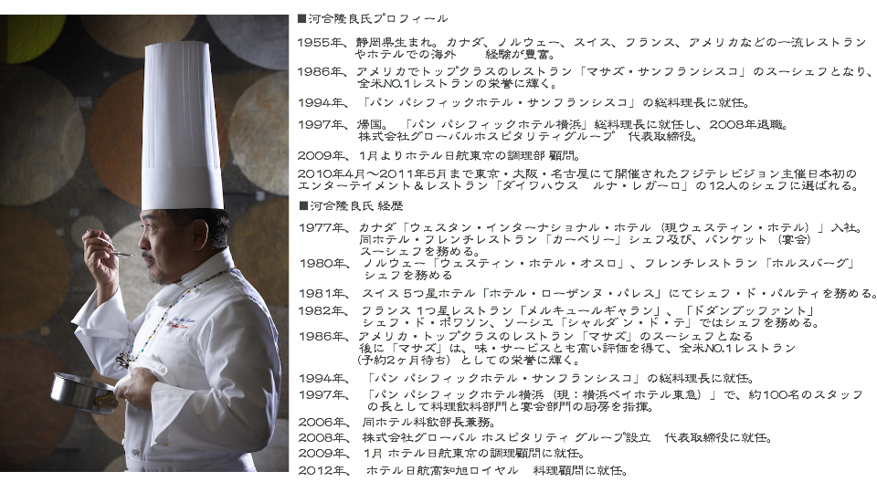 河合隆良氏プロフィール 1955年、静岡県生まれ。カナダ、ノルウェー、スイス、フランス、アメリカなどの一流レストランやホテルでの海外経験が豊富。 1986年、アメリカでトップクラスのレストラン「マサズ・サンフランシスコ」のスーシェフとなり、全米NO.1レストランの栄誉に輝く。 1994年、「パン パシフィックホテル・サンフランシスコ」の総料理長に就任。 1997年、帰国。 「パン パシフィックホテル横浜」総料理長に就任し、2008年退職。株式会社グローバルホスピタリティグループ　代表取締役。 2009年1月よりホテル日航東京の調理部 顧問。クィーンエリザベス主催の晩餐会や天皇陛下主催の晩餐会を指揮。 2010年4月～2011年5月まで東京・大阪・名古屋にて開催されたフジテレビジョン主催日本初のエンターテイメント＆レストラン「ダイワハウス　ルナ・レガーロ」の12人のシェフに選ばれる。
